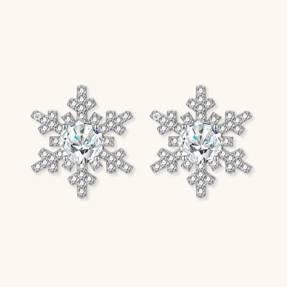 Sterling silver snowflake stud earrings with brilliant moissanite centers and intricate geometric patterns on cream background