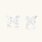 Pair of translucent butterfly-shaped stud earrings with frosted finish and dimensional wing details on white background