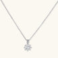 Platinum-plated sterling silver necklace with round clear crystal pendant and decorative bail on neutral background.