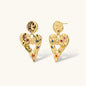 Gold hammered heart drop earrings with rainbow cubic zirconia stones and textured coin stud, 18K gold plated stainless steel.