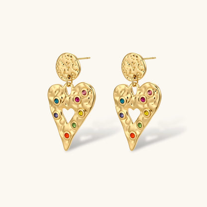 Gold hammered heart drop earrings with rainbow cubic zirconia stones and textured coin stud, 18K gold plated stainless steel.